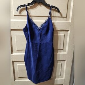 LUSH Bodycon Navy Blue Lace Trim Zipper Back Sleeveless Dress NWT